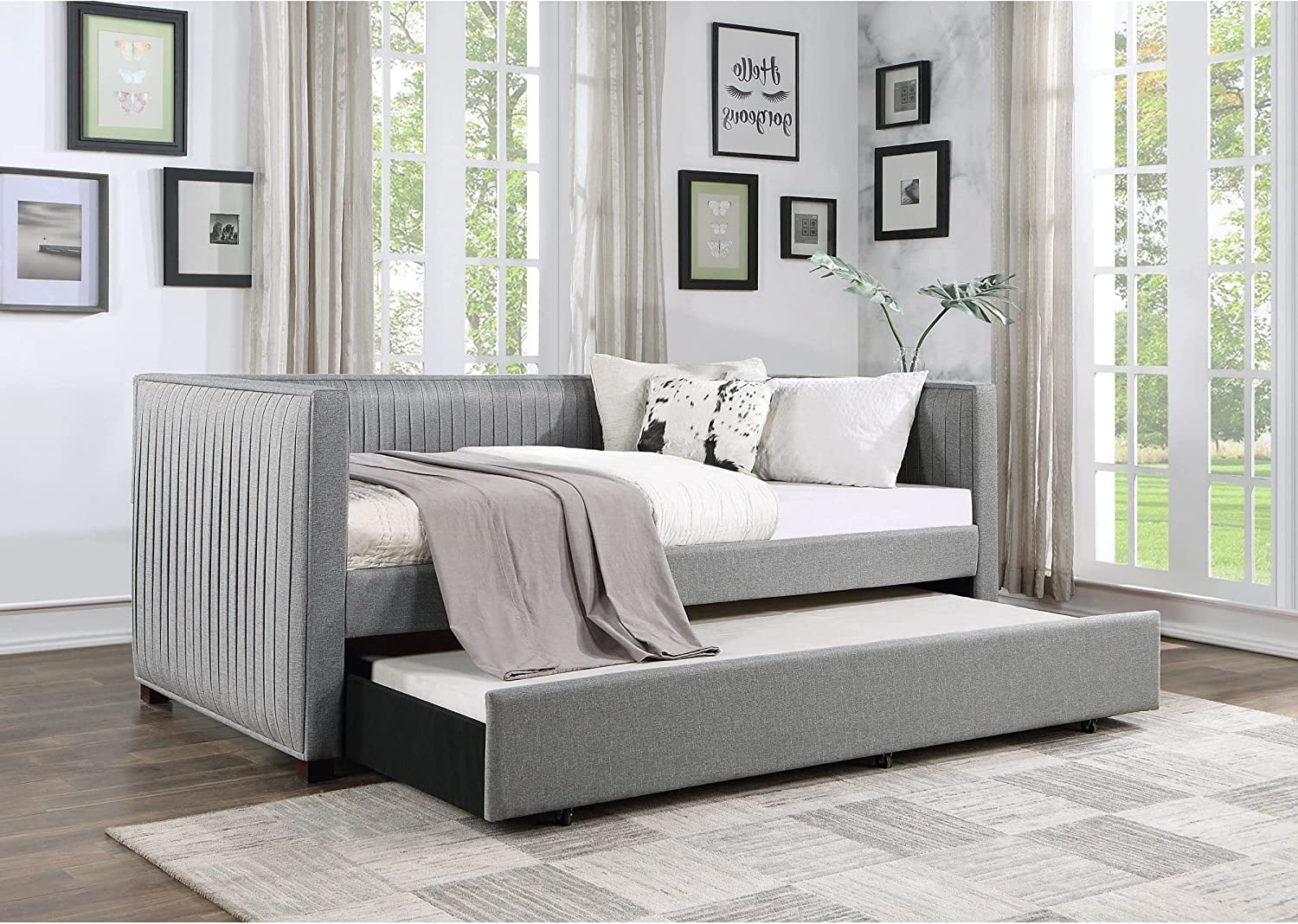 Simple With A Trundle HABITRIO Solid Wood Structure Gray Fabric ...