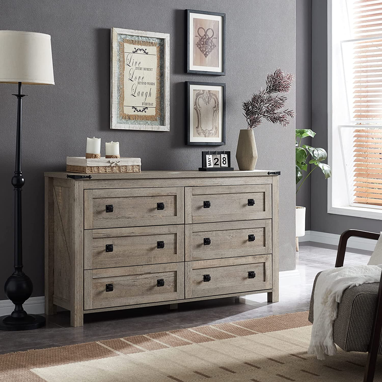 simple Farmhouse 6 Drawers Dresser Chests for Bedroom Wood Rustic Wide ...