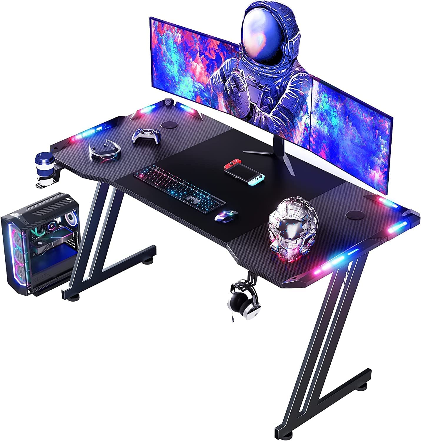 simple HLDIRECT 47 Inch Gaming Desk with LED Lights Carbon Fibre