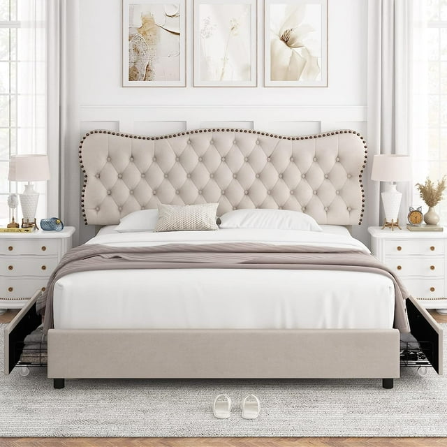 simple King Bed Frame with 4 Storage Drawers Upholstered Platform Bed