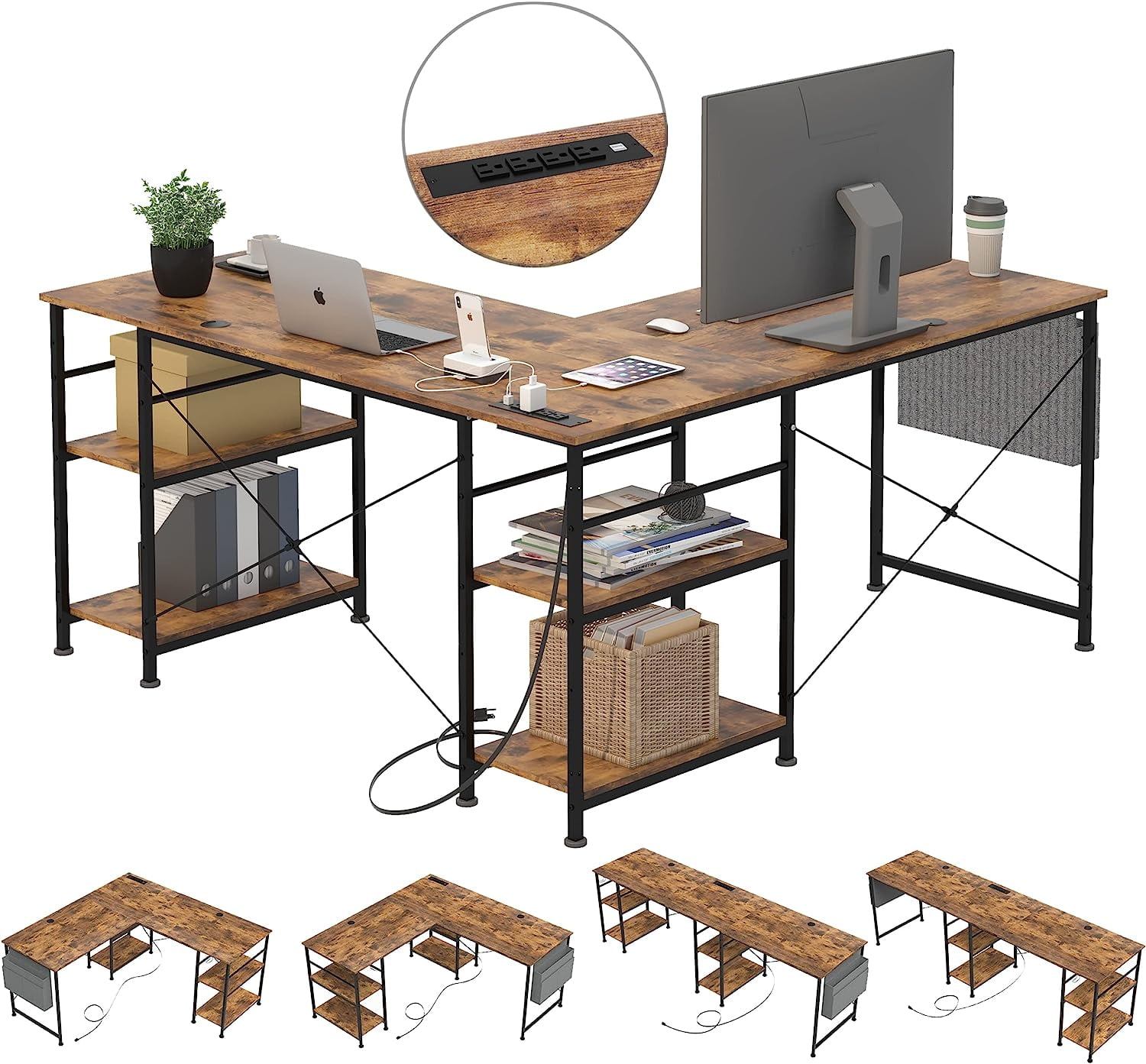 simple L Shaped Desk with Storage Shelves 95.2 Inch Reversible Coner ...