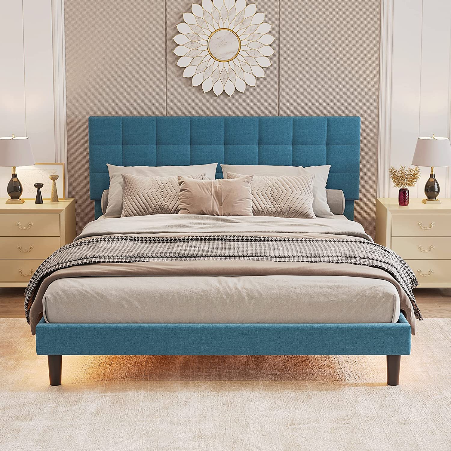 simple Queen Bed Fram with LED Lights Linen Upholstered Platform Bed