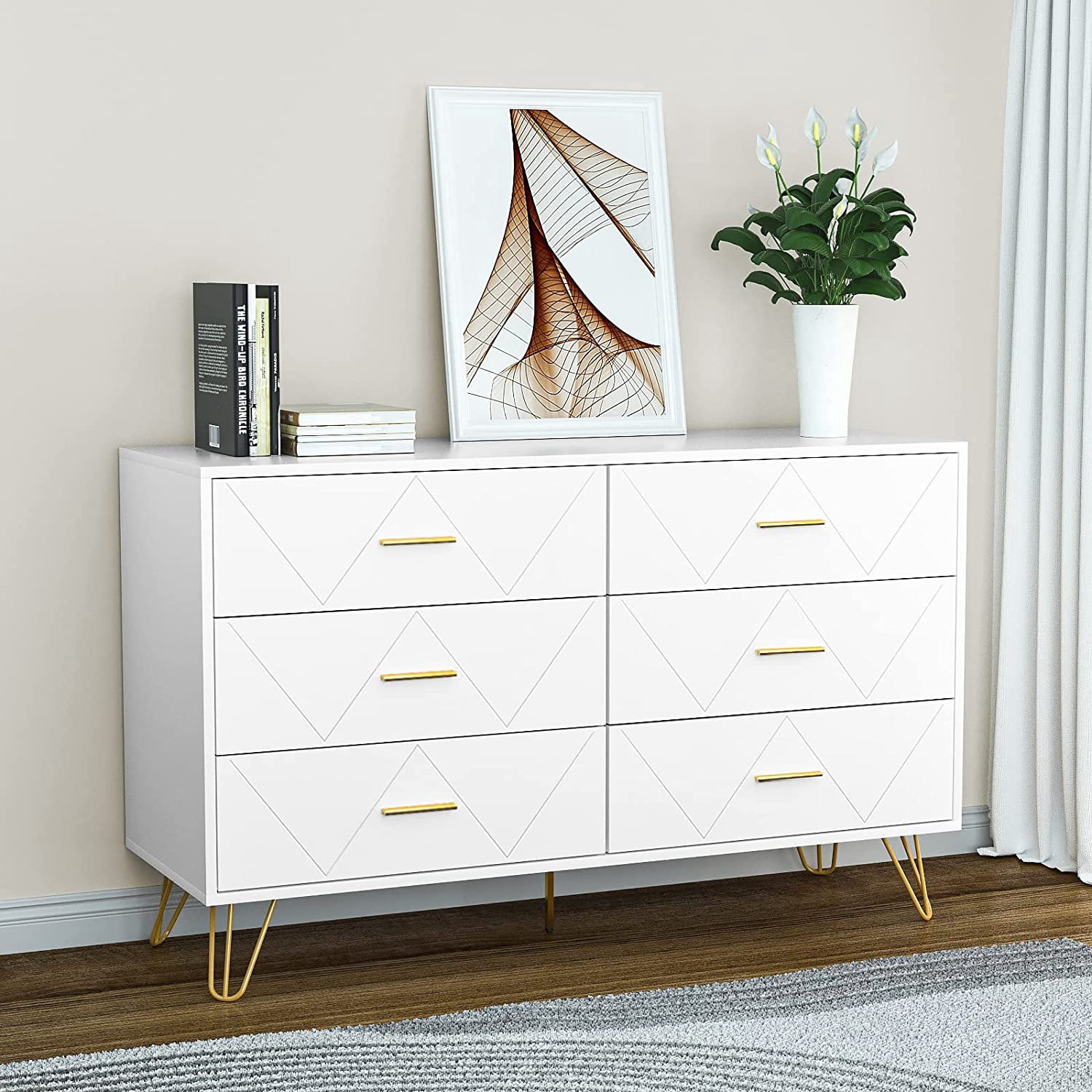 simple White Dresser 6 Drawer Wood Dresser for Bedroom with Storage