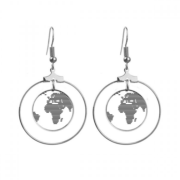 simple black line world map pattern earrings dangle hoop jewelry drop circle