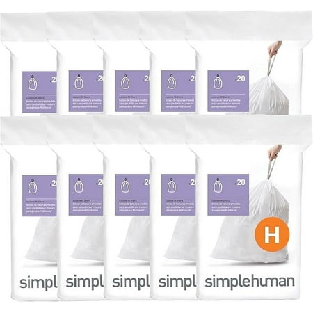 simplehumam Code H Custom Fit Drawstring Trash Bags in Dispenser Packs, 200 Count, 35 Liter / 9.3 Gallon, White