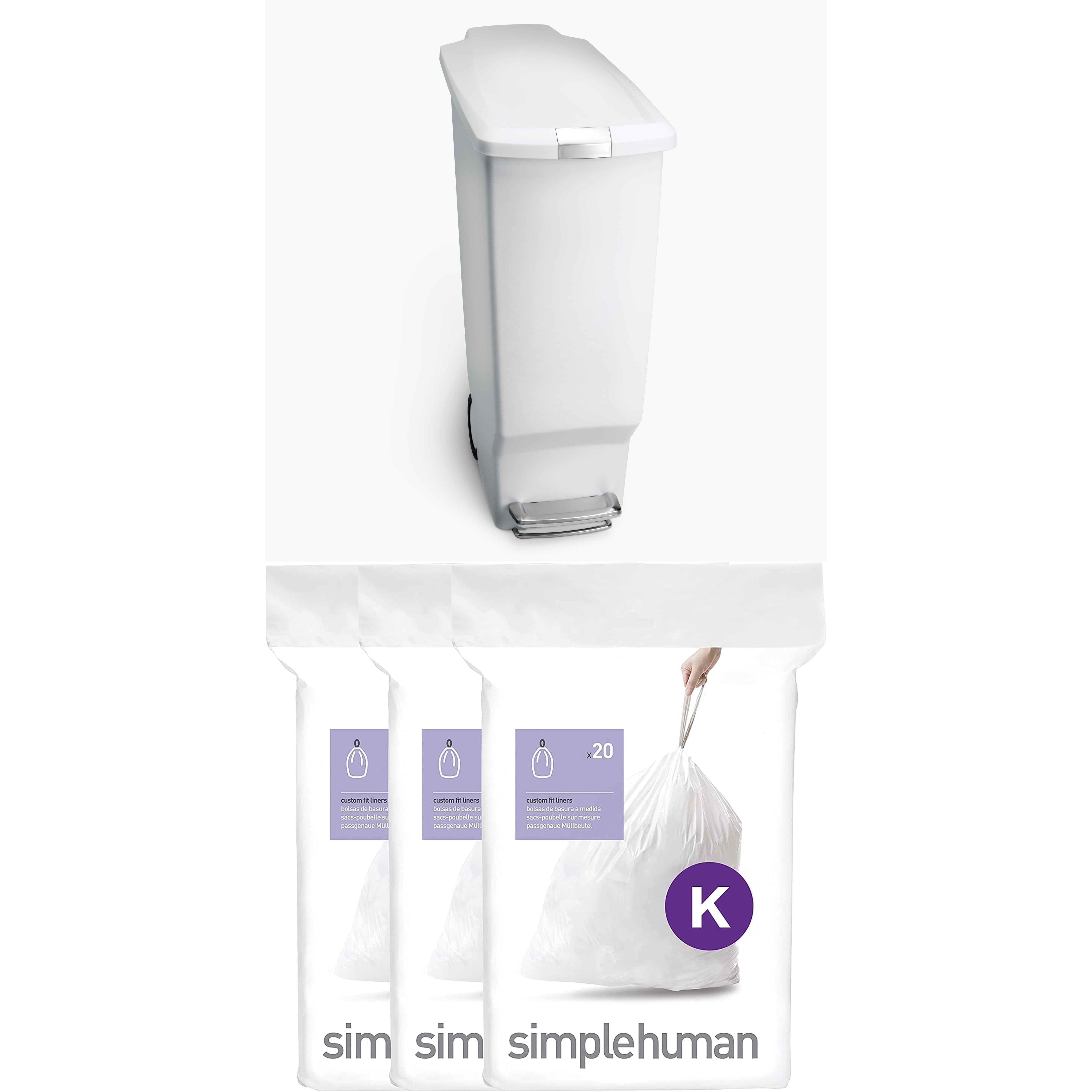 simplehuman 10.5 Gallon Trash Can and 60 pcs Code K Trash Bag Combo