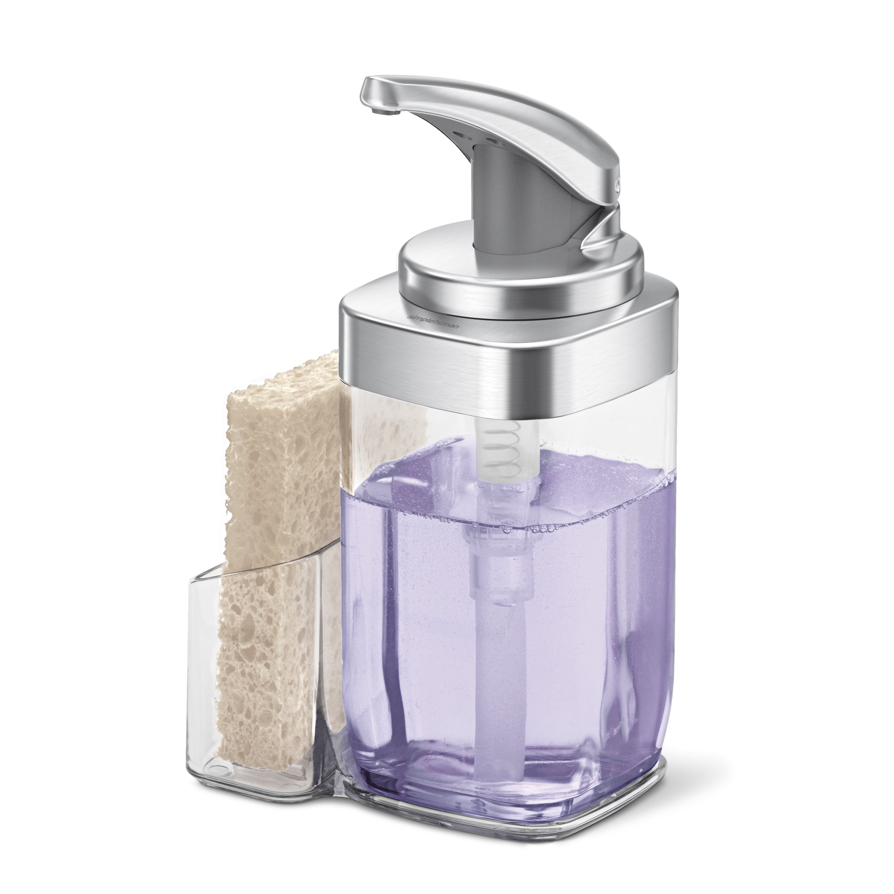 Brushed Nickel Square Push Pump Soap Dispenser with Sponge Caddy