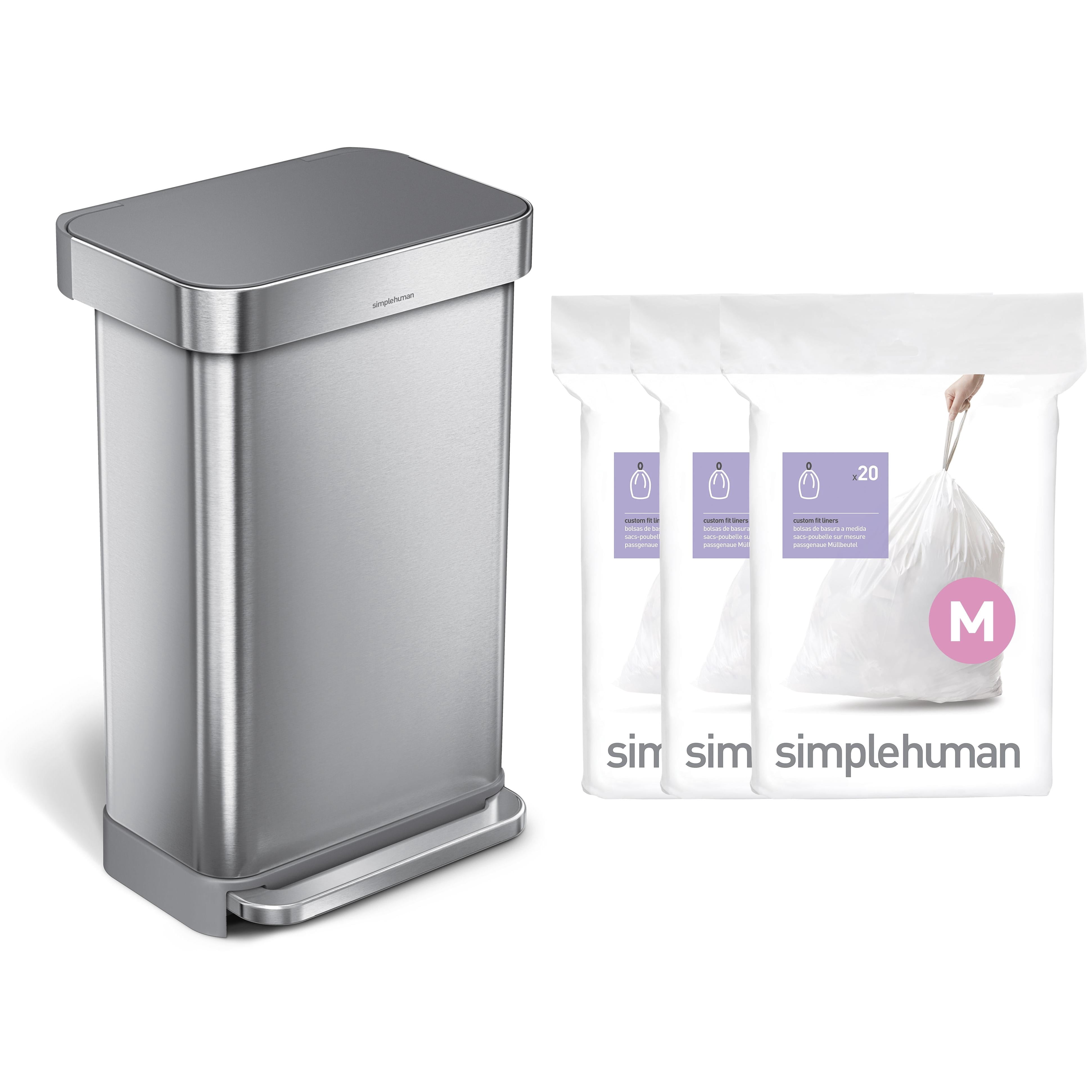 simplehuman Kitchen Trash Can, 11.8 Gallon Stainless Steel Step Garbage Bin with Code M Trash Bags