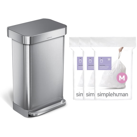 simplehuman Kitchen Trash Can, 11.8 Gallon Stainless Steel Step Garbage Bin with Code M Trash Bags