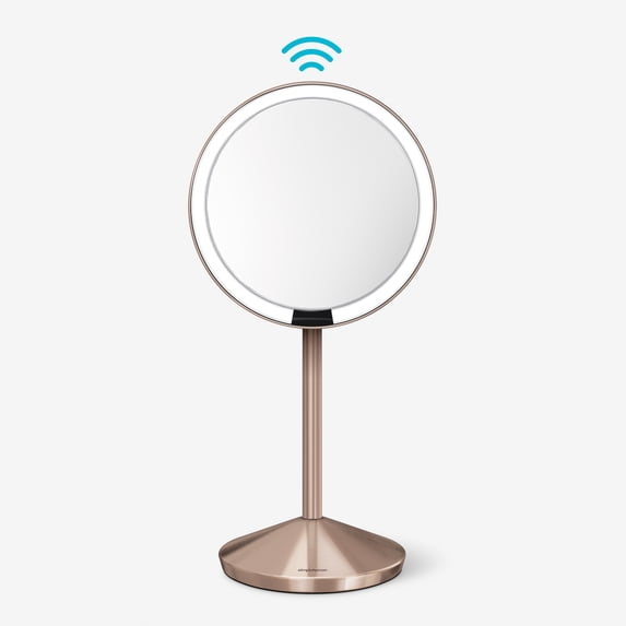 simplehuman 5" Round Mini Travel Sensor Makeup Mirror, 10x Magnification, Rechargeable, Rose Gold Stainless Steel