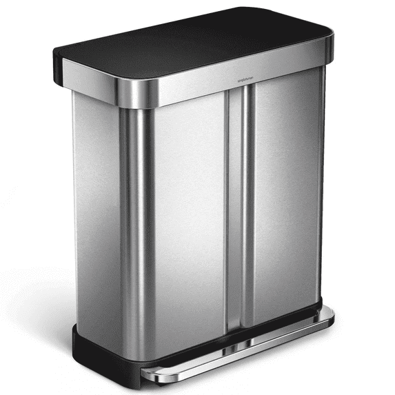 simplehuman 58 Liter / 15.3 Gallon Rectangular Dual Compartment Recycling Kitchen Step Trash Can with Soft-Close Lid, Brushed Stainless Steel with Black Plastic Lid