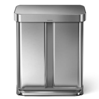 simplehuman 58 Liter / 15.3 Gallon Stainless Steel Rectangular Kitchen Step Can Dual Compartment Recycler, Brushed Stainless Steel