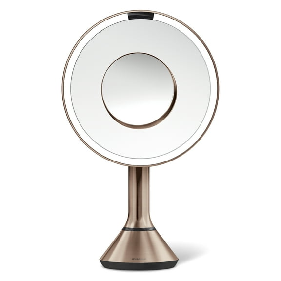 simplehuman 8" Round Sensor Makeup Mirror with Touch-Control Brightness, 10x Magnification, Cordless, Rose Gold Stainless Steel | Like-New