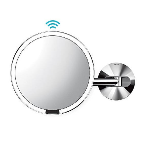 simplehuman 8" Round Wall Mount Sensor Makeup Mirror, 5x Magnification, Hard-Wired (100-240v), Polished Stainless Steel