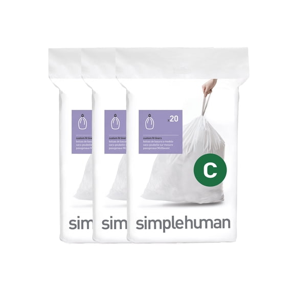 simplehuman Code C Custom Fit Drawstring Trash Bags, 60 Count, 10-12 Liter / 2.6-3.2 Gallon, White