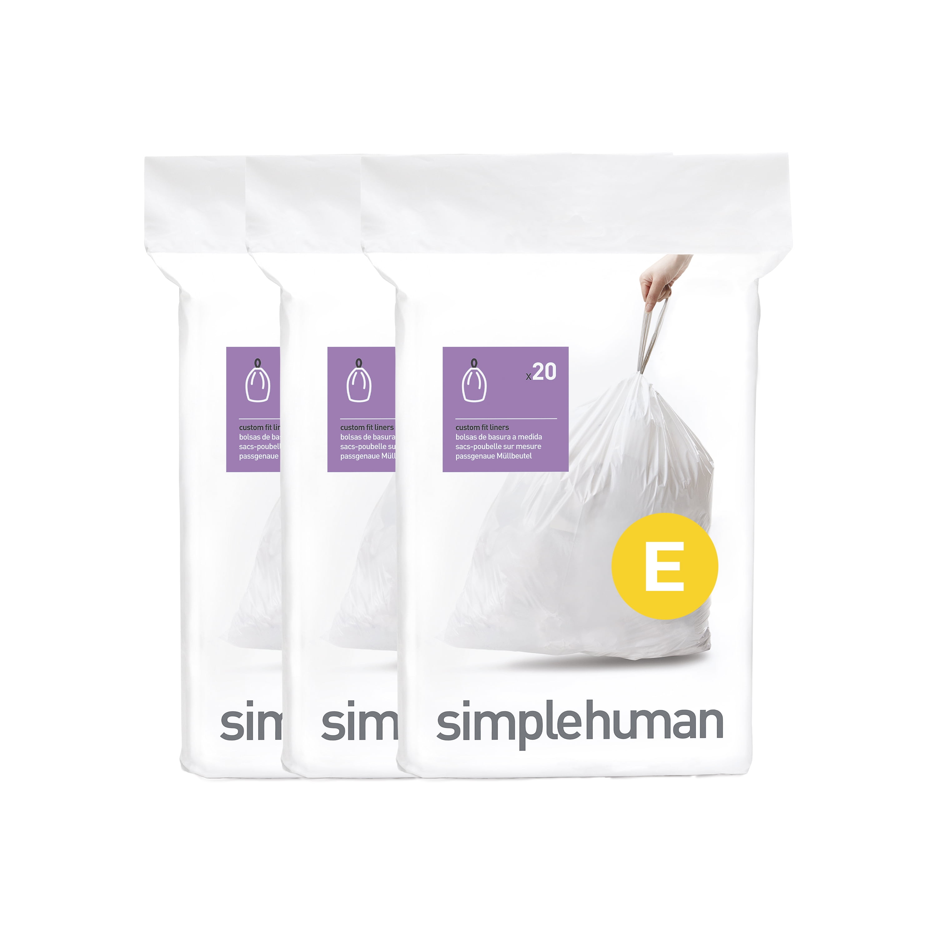 simplehuman Code E Custom Fit Liners, Drawstring Trash Bags, 20 Liter / 5.2 Gallon, 3 Refill Packs (60 Count)