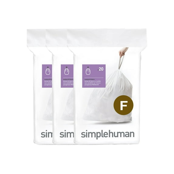 simplehuman Code F Custom Fit Drawstring Trash Bags in Dispenser Packs, 60 Count, 25-30 Liter / 6.6-8 Gallon, White