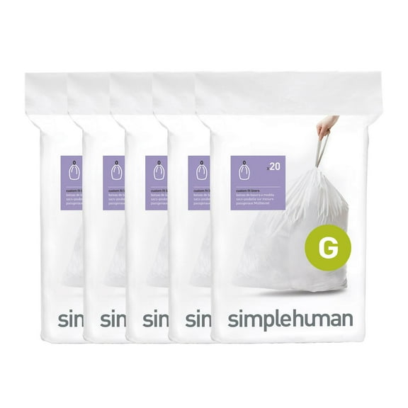 simplehuman Code G 100pk Genuine Custom Fit Liners, 8-Gallons Unscented White Indoor Plastic Can Drawstring Trash Bag 100 -Count