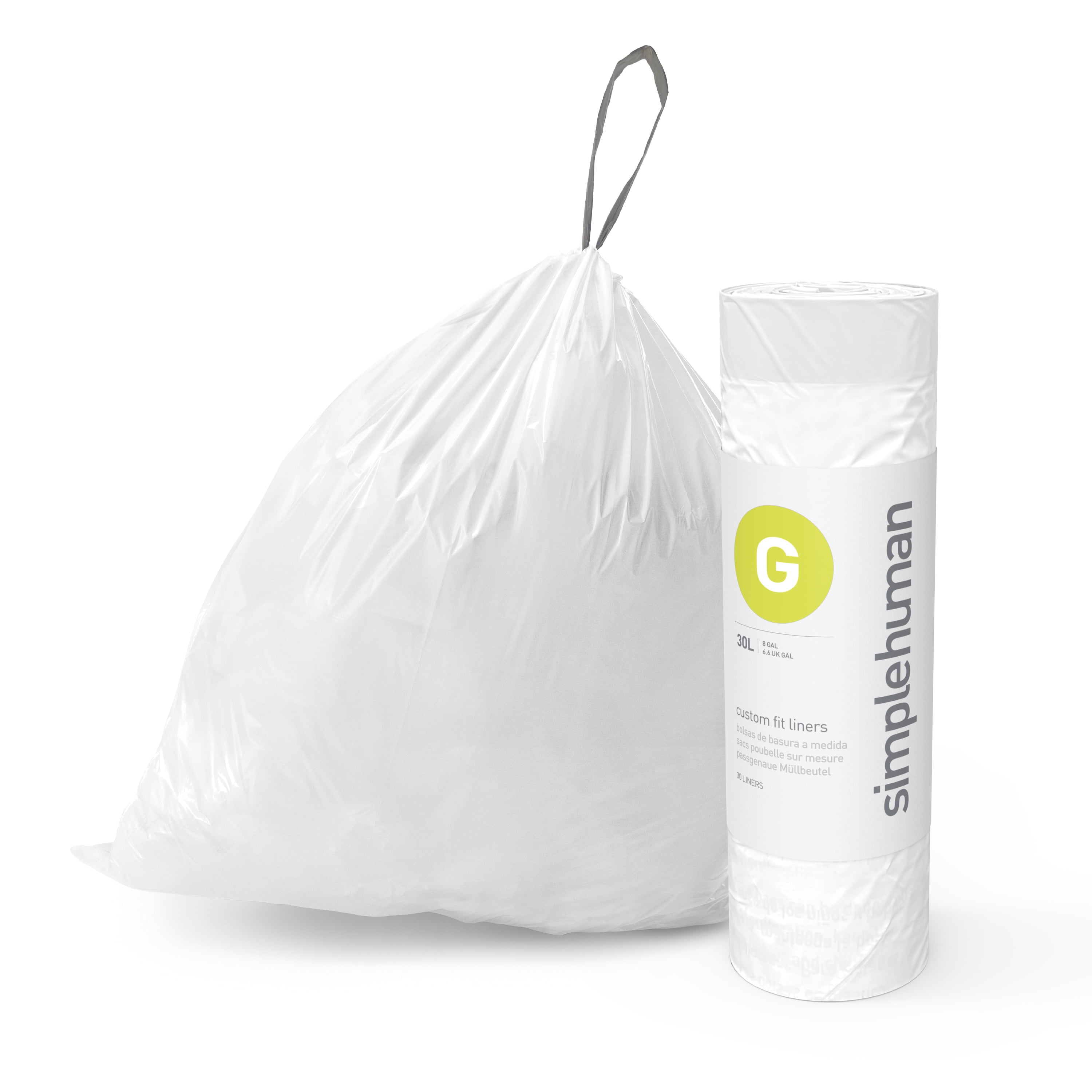 simplehuman Code G Custom Fit Drawstring Trash Bags, 30 Liter / 8 Gallon,  White – 240 Roll Pack