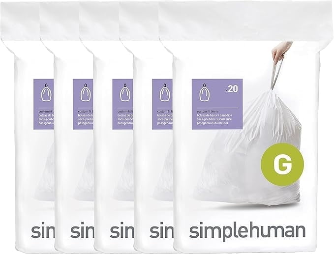 simplehuman Code G Custom Fit Drawstring Trash Bags in Dispenser Packs, 100 Count, 30 Liter / 8 Gallon, White
