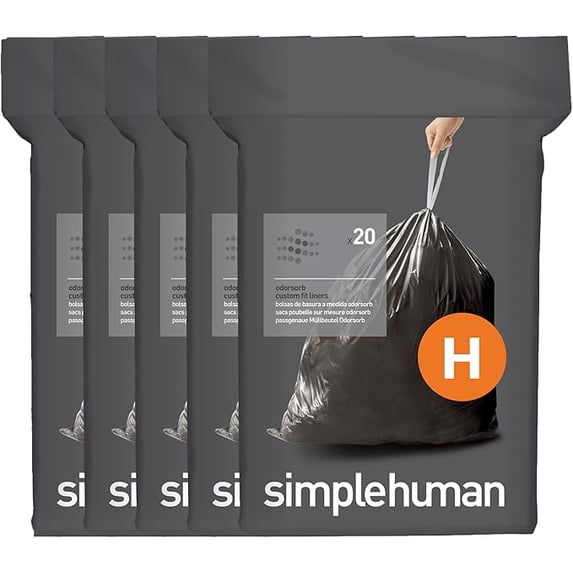 simplehuman Code H 100 Count Odorsorb Custom Fit Liners, Drawstring Odor Absorbing Trash Bags, One-by-One Mess-Free Dispense, Extra Thick & Double Seamed, 50% PCR Plastic, 30-35 Liter / 8-9 Gallon