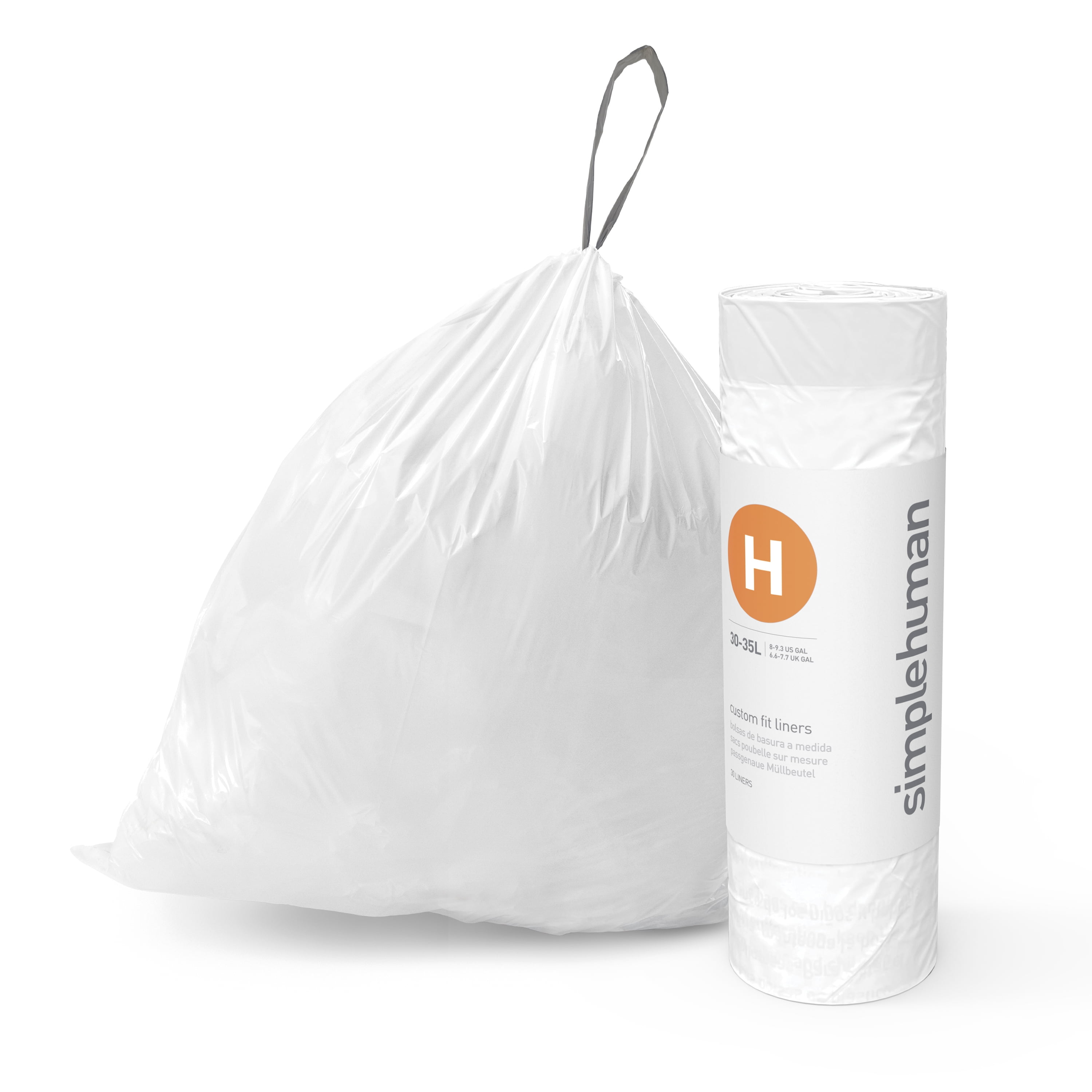 simplehuman Code H Custom Fit Drawstring Trash Bags, 240 Roll Pack, 35  Liter / 8 Gallon, White