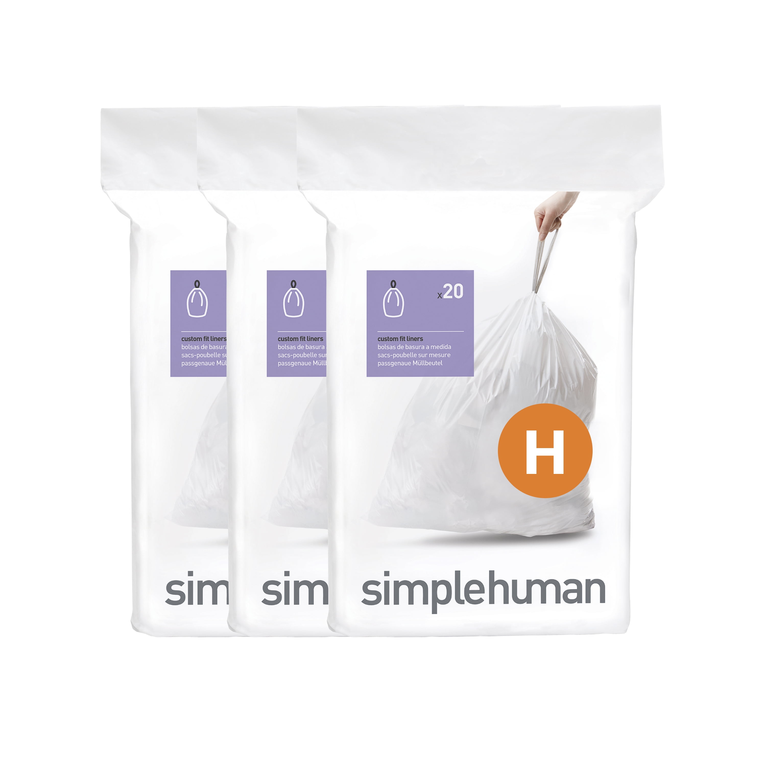 Code H, 200 Count, Compatible with Simplehuman H liners, White, Trash Bags,  Drawstring