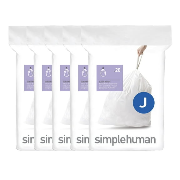 simplehuman Code J 100 Count, Dispenser Pack Custom Fit Liners, Drawstring Trash Bags, 30-45 Liter / 8-12 Gallon, White