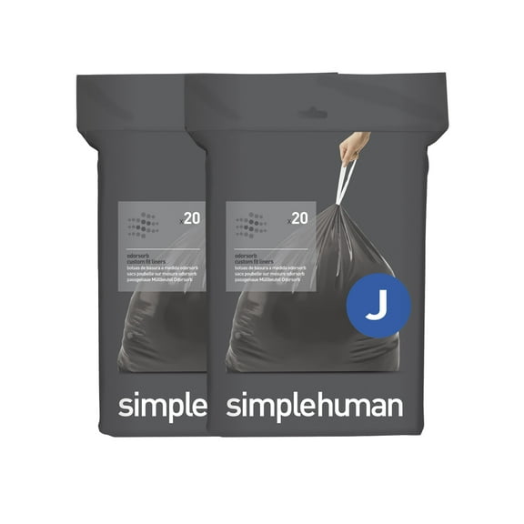 simplehuman Code J Odorsorb Custom Fit Drawstring Odor Absorbing Trash Bags in Dispenser Packs, 30-45 Liter / 8-12 Gallon, 40 Liners