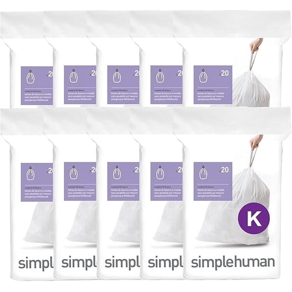 simplehuman Code K Custom Fit Drawstring Trash Bags, 200 Count, 35-45 Liter / 9.3-12 Gallon, White