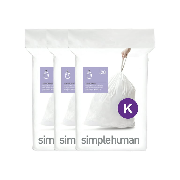 simplehuman Code K Genuine Custom Fit Drawstring Trash Bags in Dispenser  Packs, 60 Count, 35-45 Liter / 9.2-12 Gallon, White