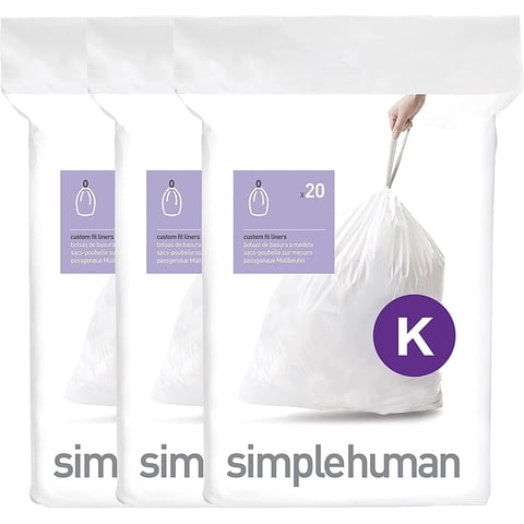 simplehuman 60pk Code K Custom Fit Liners, 35-45 Liter / 9.3-12 Gallon Drawstring Trash Bags in Dispenser Packs, White