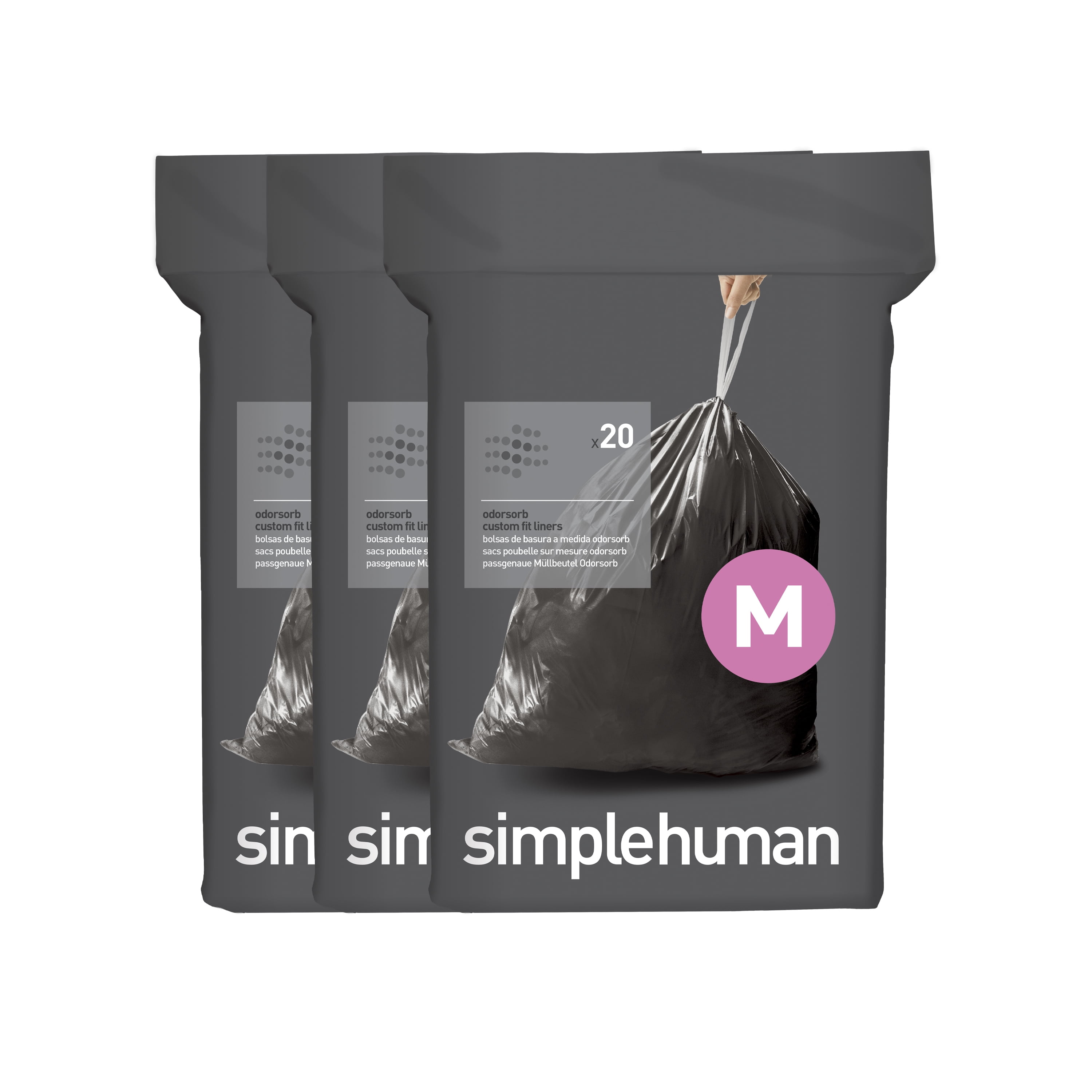 simplehuman Code M Custom Fit Drawstring Trash Bags, 60 Count, 45 Liter / 12 Gallon, Odor Absorbing