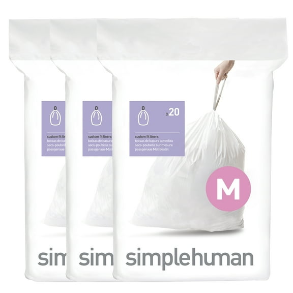 simplehuman Code M Custom Fit Drawstring Trash Bags, 60 Count, 45 Liter / 12 Gallon, White