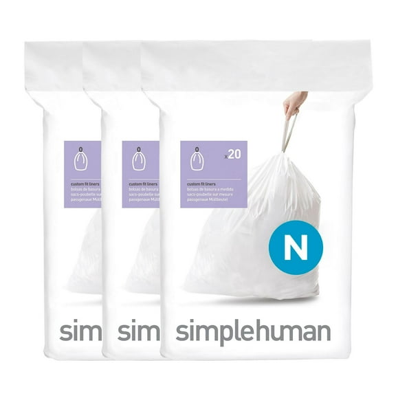 simplehuman Code N 60pk Genuine Custom Fit Liners, 12-Gallons Unscented White Indoor Plastic Kitchen Drawstring Trash Bag 60 -Count