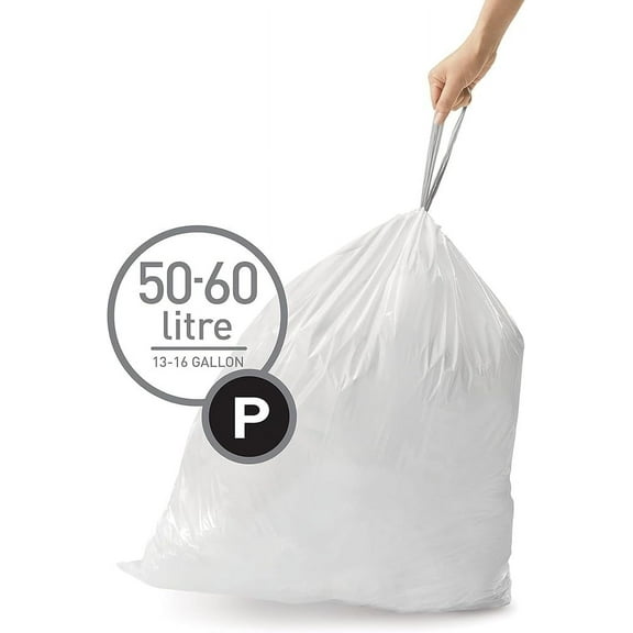 simplehuman Code P Custom Fit Drawstring Trash Bags, 200 Count, 50-60 Liter / 13.2-15.9 Gallon, White