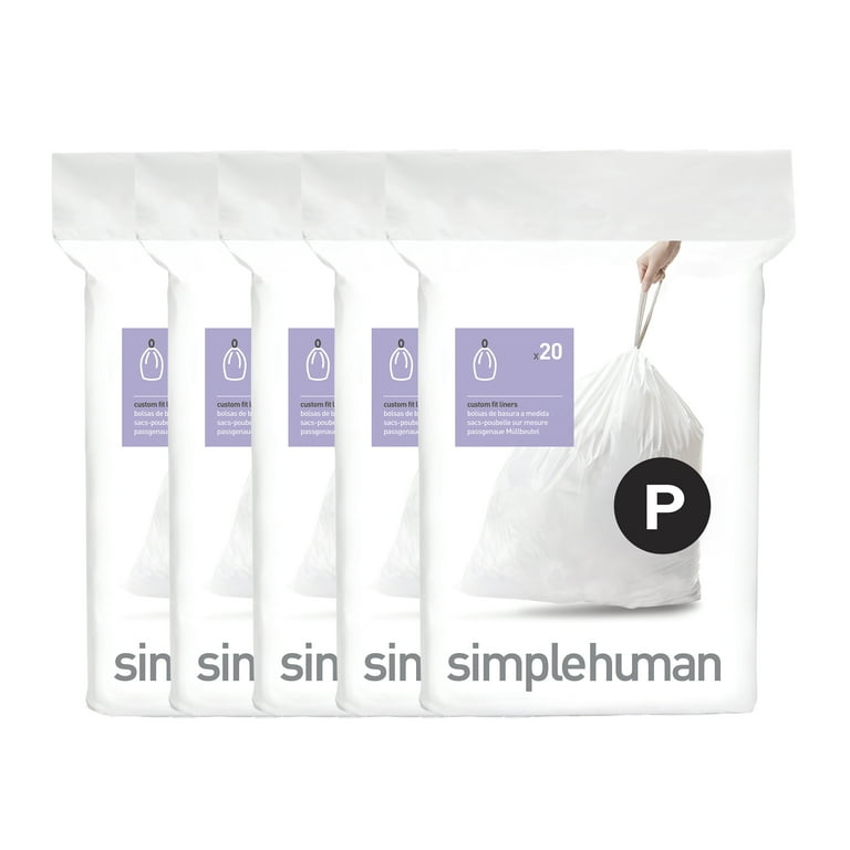 simplehuman Code P 50-60 Liter / 13-16 Gallon Custom Fit Drawstring Trash Bags 100 Pack White