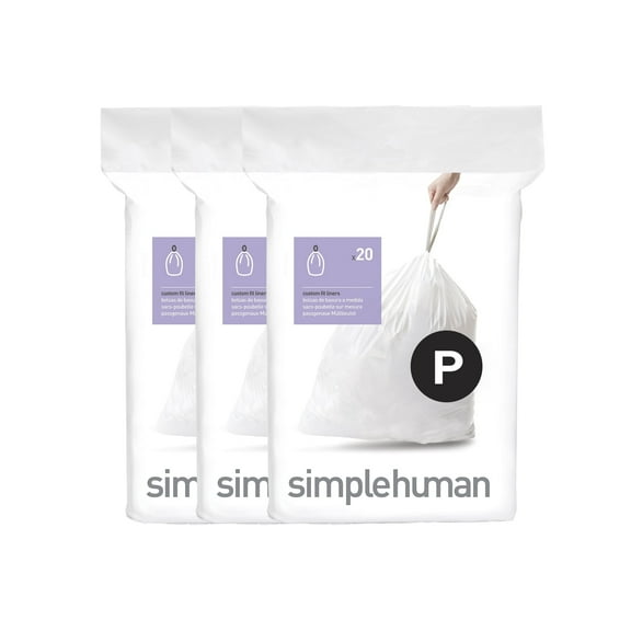 Simplehuman 60pk Code P 50-60 Liter / 13.2-15.9 Gallon Custom Fit Liners, Drawstring Trash Bags in Dispenser Packs, White