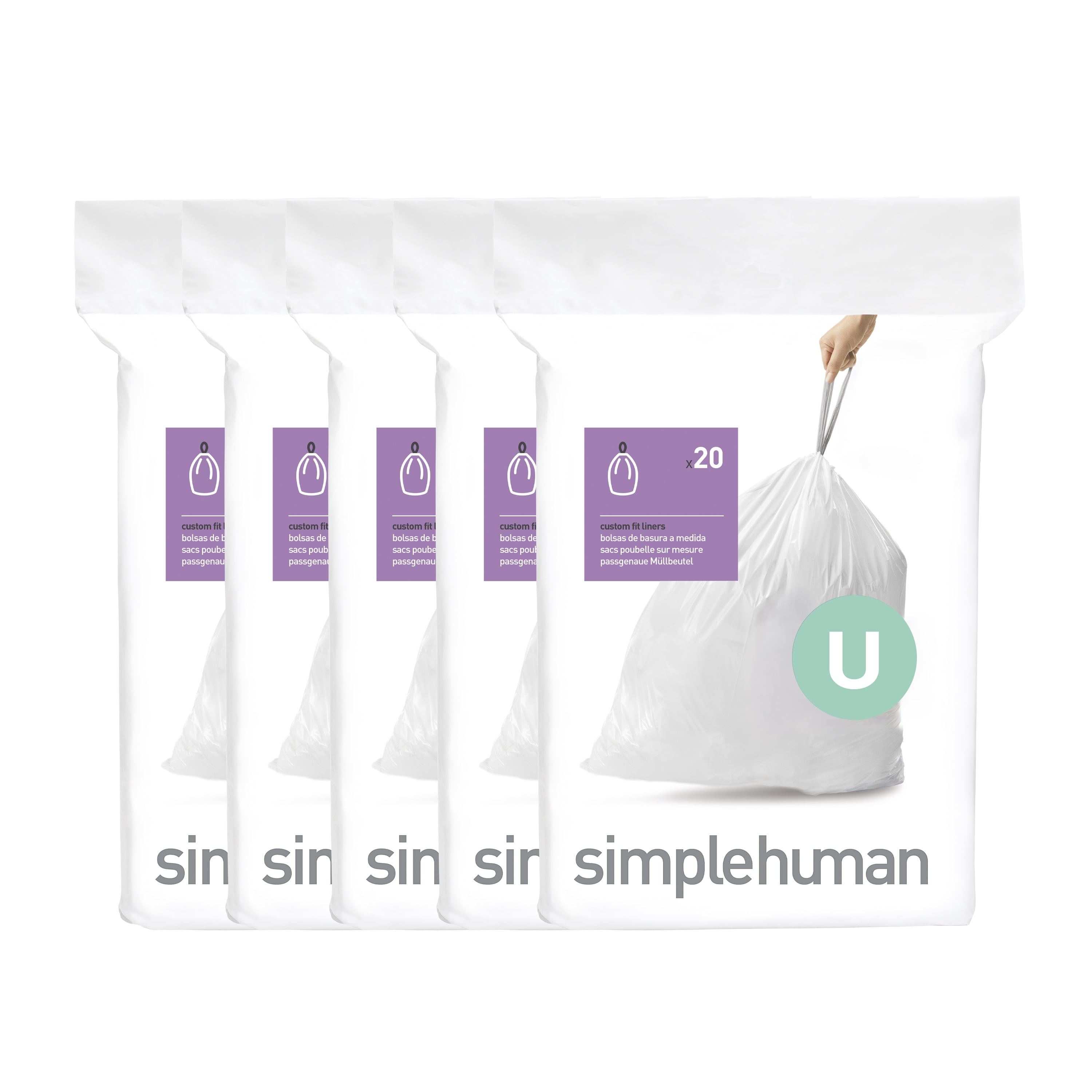 simplehuman Code U Custom Fit Drawstring Trash Bags in Dispenser Packs, 20  Count, 55 Liter / 14.5 Gallon, White