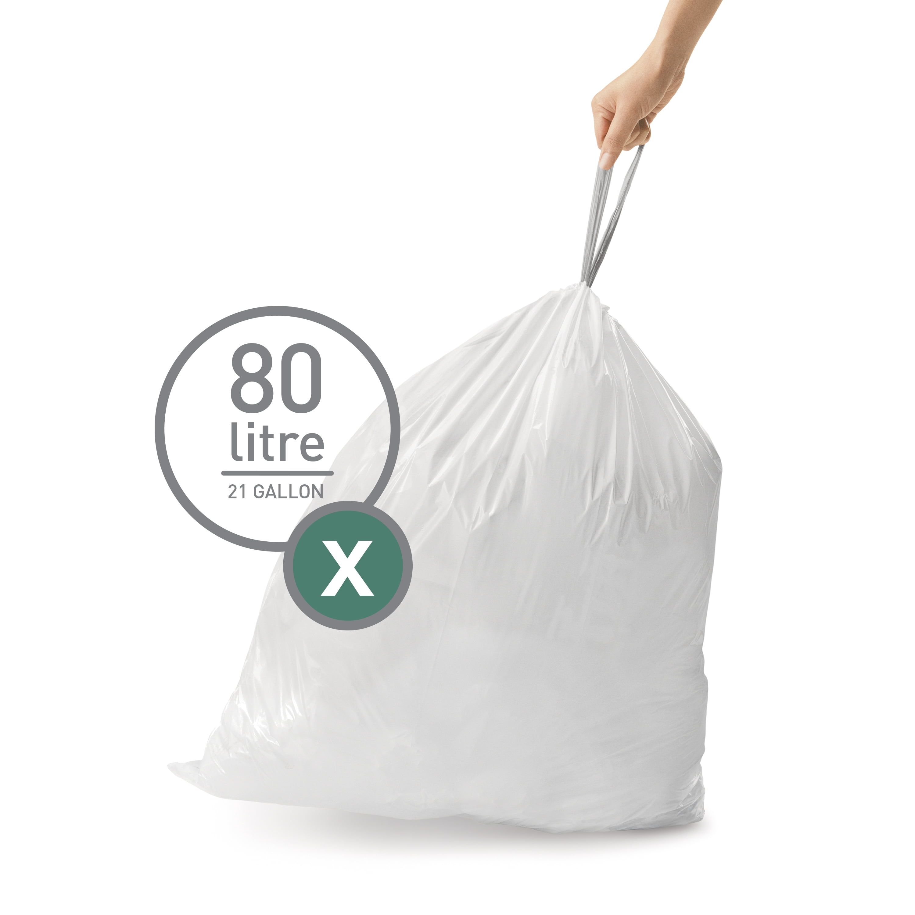 simplehuman Code X Custom Fit Drawstring Trash Bags, 200 Count, 80 Liter / 21 Gallon, White