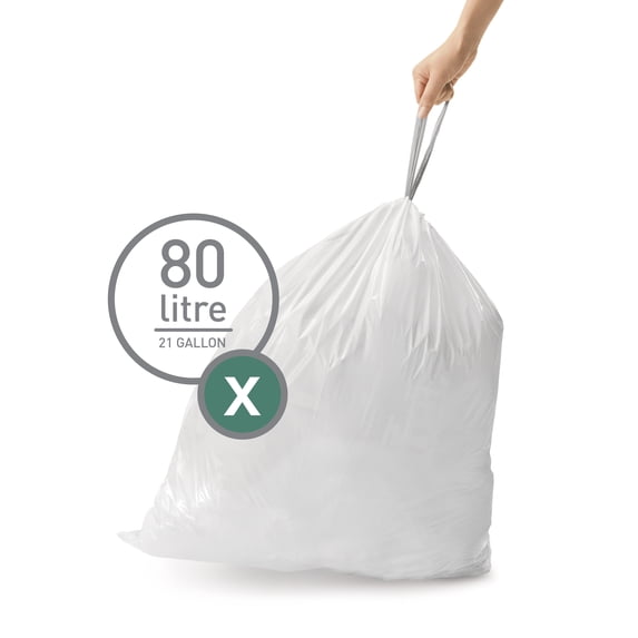 simplehuman Code X Custom Fit Drawstring Trash Bags, 200 Count, 80 Liter / 21 Gallon, White