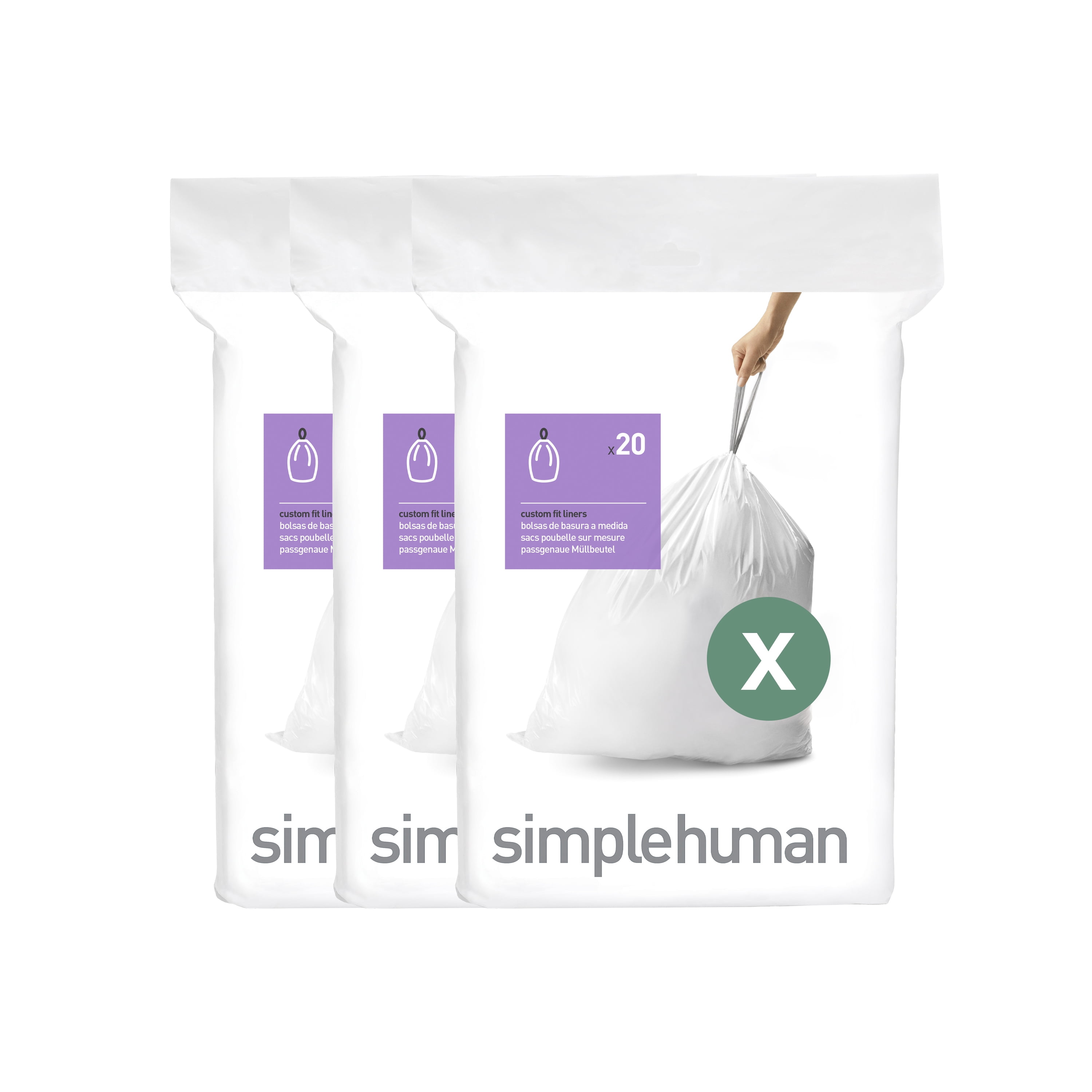 simplehuman Code x Custom Fit Trash Can Liner, 3 Refill Packs (60 Count), 80 Liter / 21 Gallon