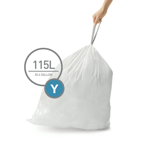 simplehuman Code Y Custom Fit Drawstring Trash Bags, 200 Count, 115 Liter / 30 Gallon, White