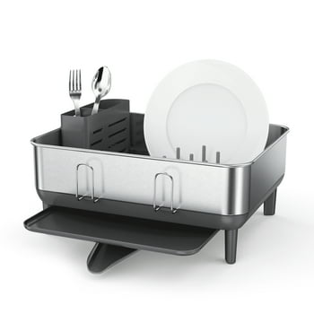 simplehuman Compact Kitchen Dish Drying Rack, Fingerprint-Proof Stainless Steel Frame, Grey Plastic