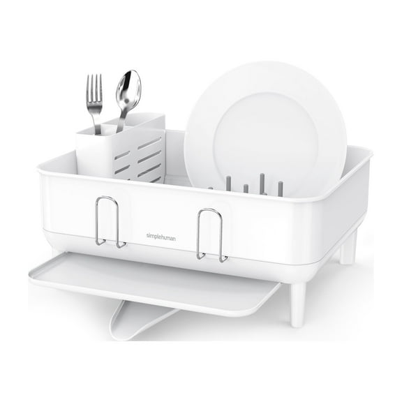 simplehuman Compact Kitchen Dish Drying Rack with Swivel Spout, Fingerprint-Proof Stainless Steel Frame, White