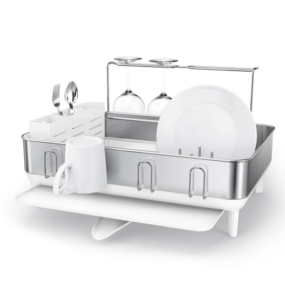 simplehuman Kitchen Dish Drying Rack, Stainless Steel Frame, White Plastic