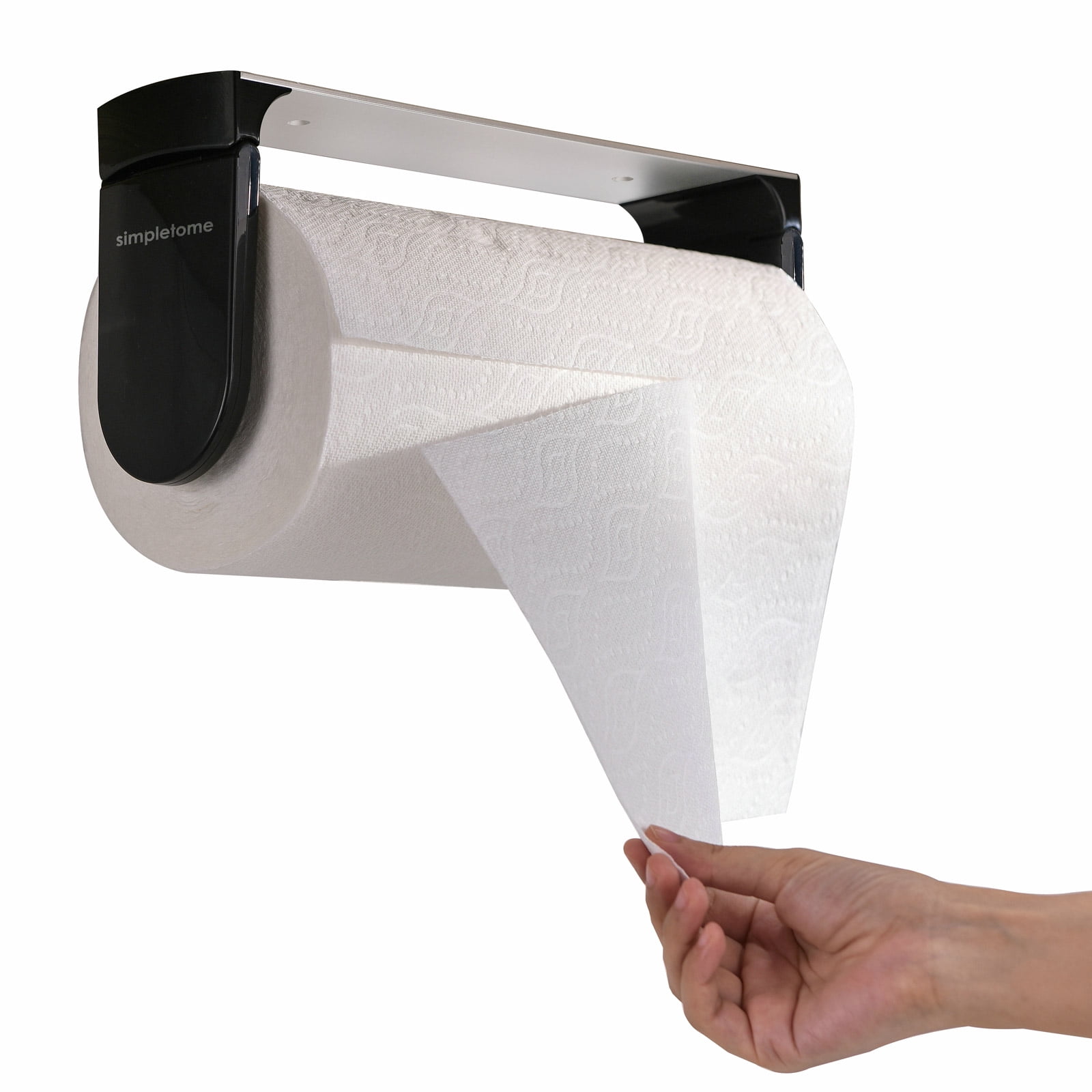 simpletome ONE HAND TEAR Paper Towel Holder Under Cabinet Adhesive or Drilling Installation Aluminum Alloy + ABS (Black)