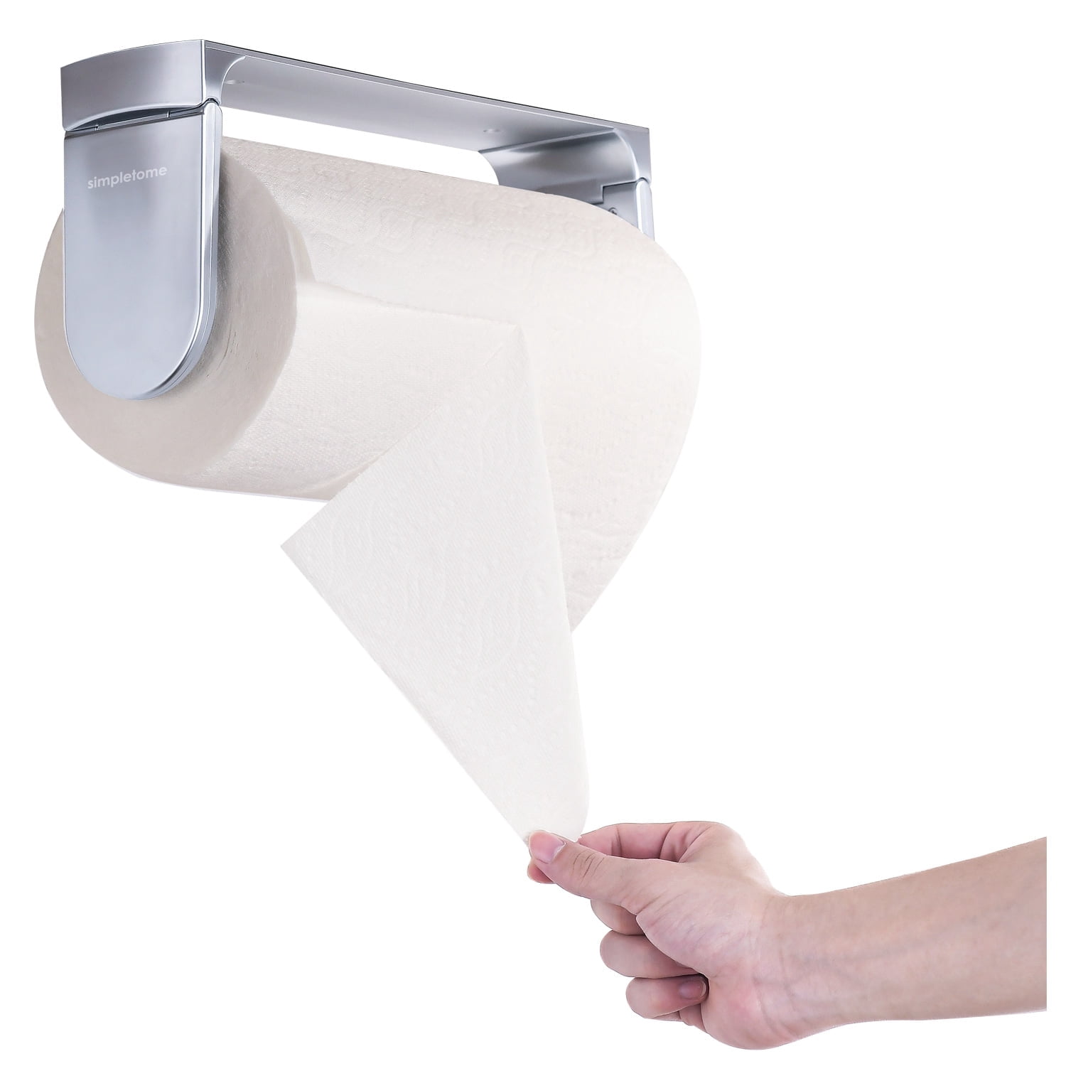simpletome ONE HAND TEAR Paper Towel Holder Under Cabinet Adhesive or Drilling Installation Aluminum Alloy + ABS (Pearl Chrome Silver)