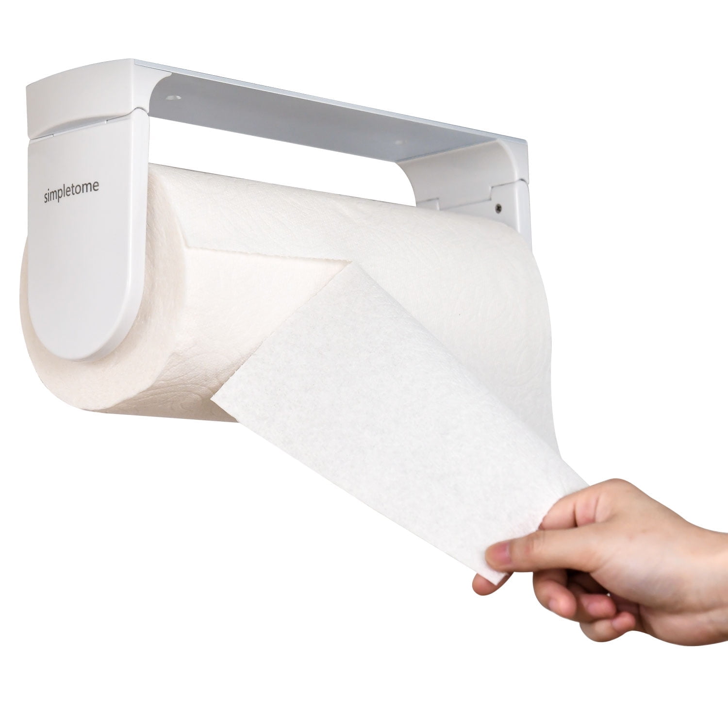 simpletome ONE HAND TEAR Paper Towel Holder Under Cabinet Adhesive or Drilling Installation Aluminum Alloy + ABS (White)