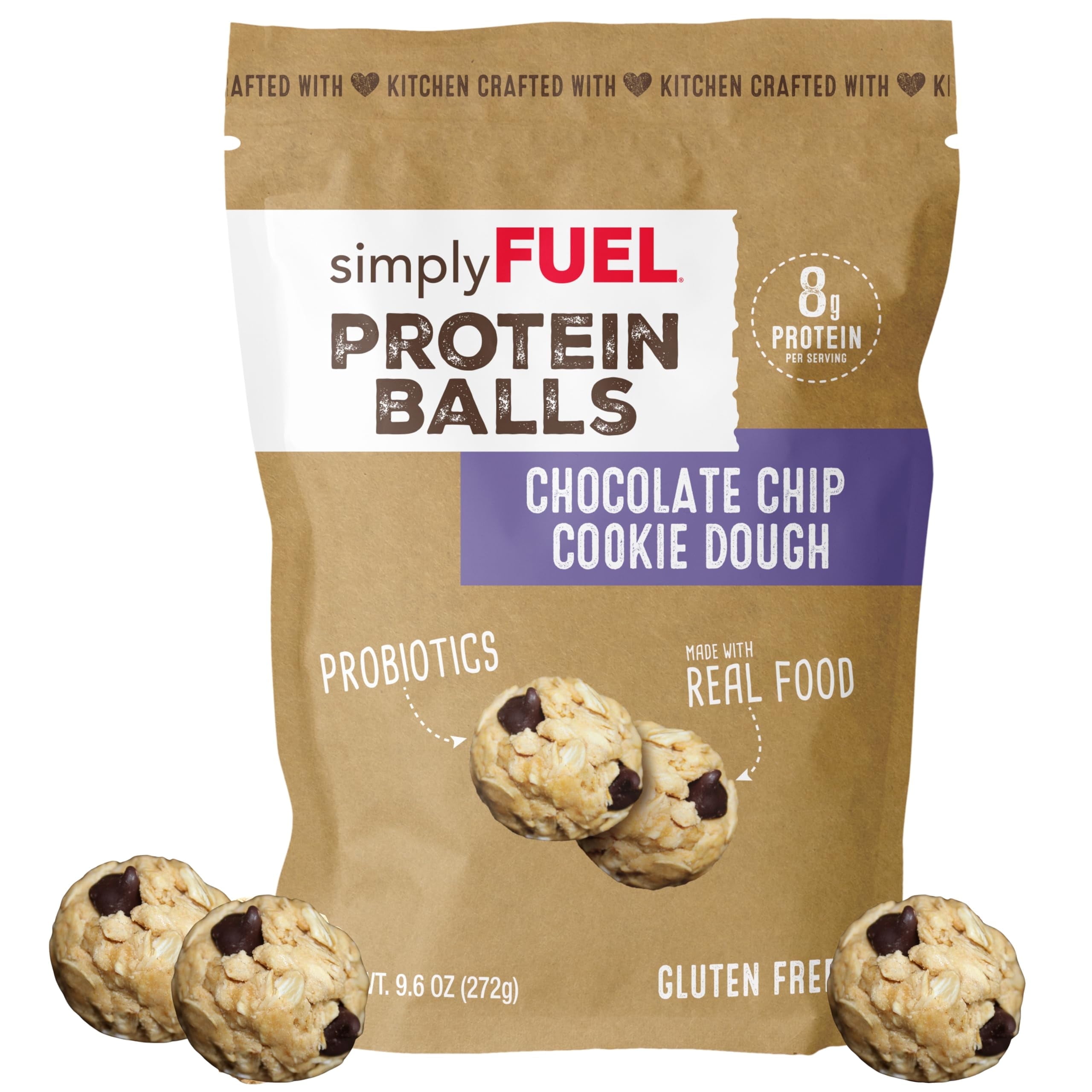 simplyFUEL Whole Food Protein Balls with Probiotics H2FSD- Chocolate Chip Cookie Dough Snacks - 8g Protein Snack - Gluten Free Energy Balls (1 Pack of 12 Balls)